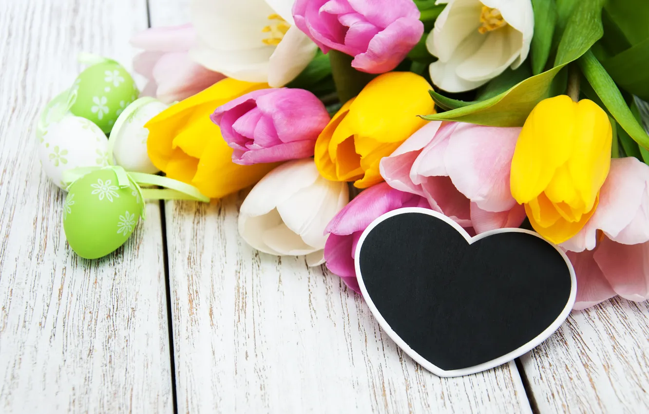 Photo wallpaper flowers, eggs, spring, colorful, Easter, tulips, heart, wood