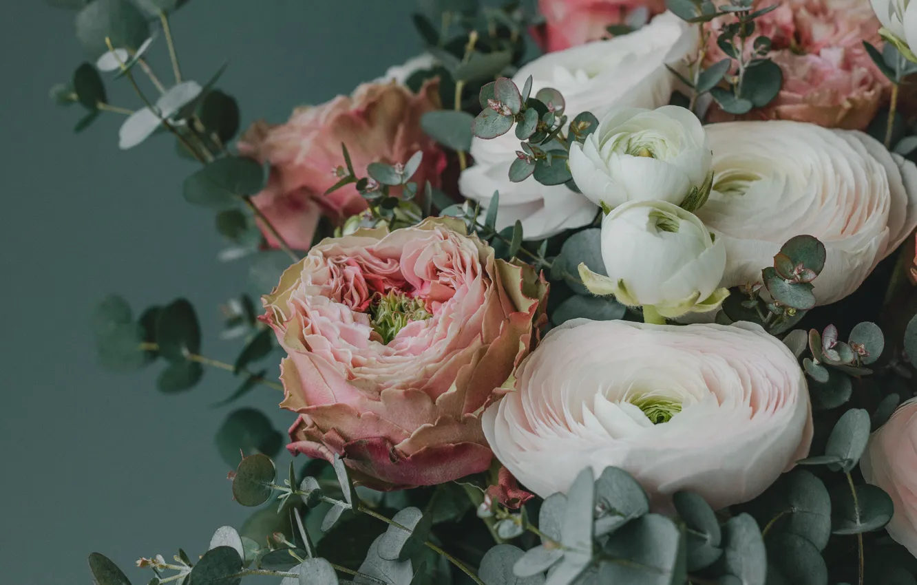 Photo wallpaper flowers, roses, bouquet, buttercups, Ranunculus