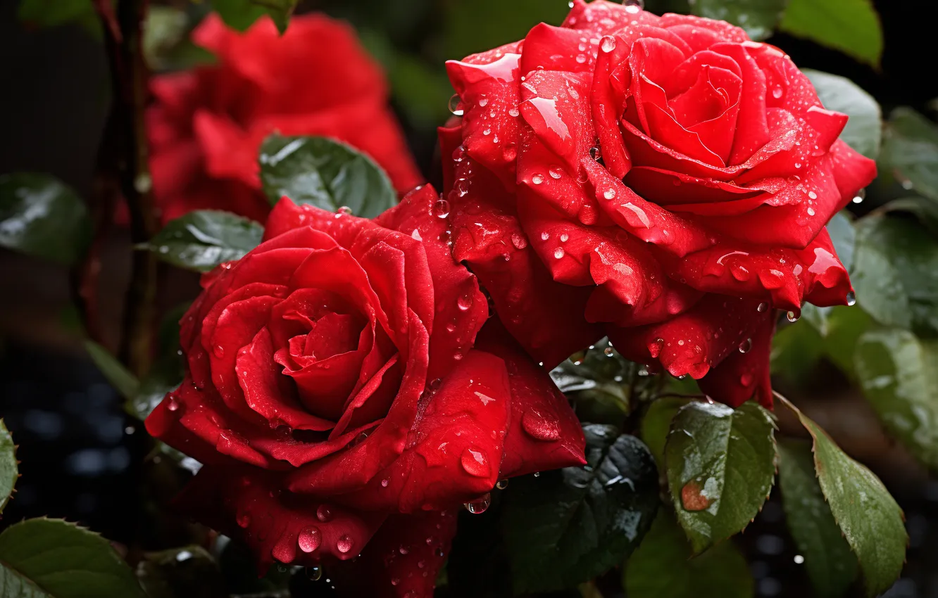 Photo wallpaper drops, flowers, red, roses, garden, AI art, neural network