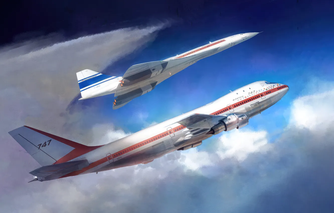 Photo wallpaper sky, clouds, airplane, vehicle, Boeing 747, Concorde