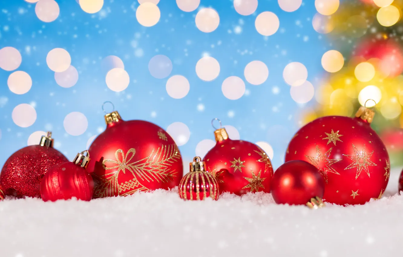 Photo wallpaper winter, snow, decoration, snowflakes, New Year, Christmas, Christmas, balls