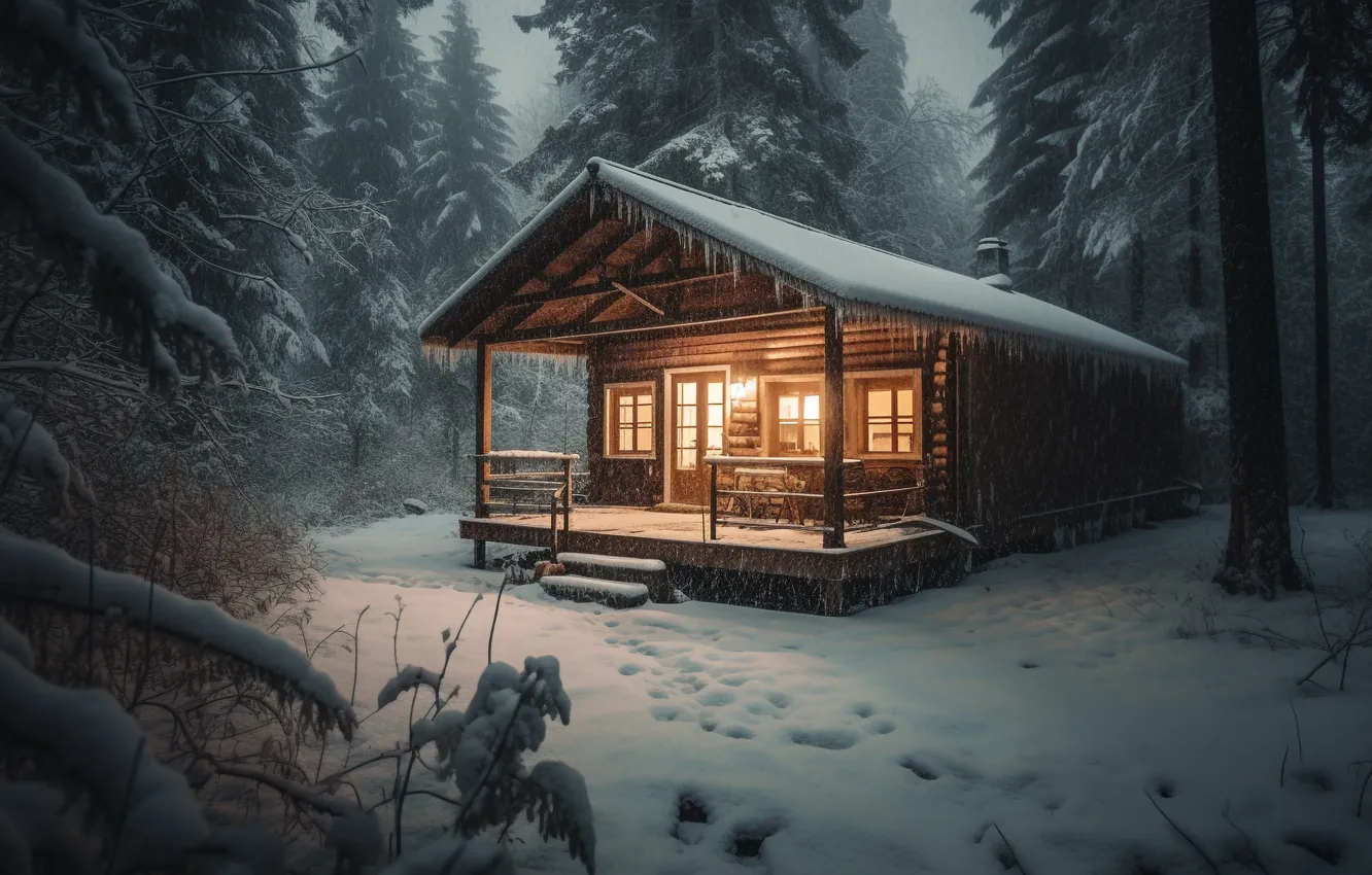 Photo wallpaper winter, forest, snow, night, new year, frost, Christmas, hut