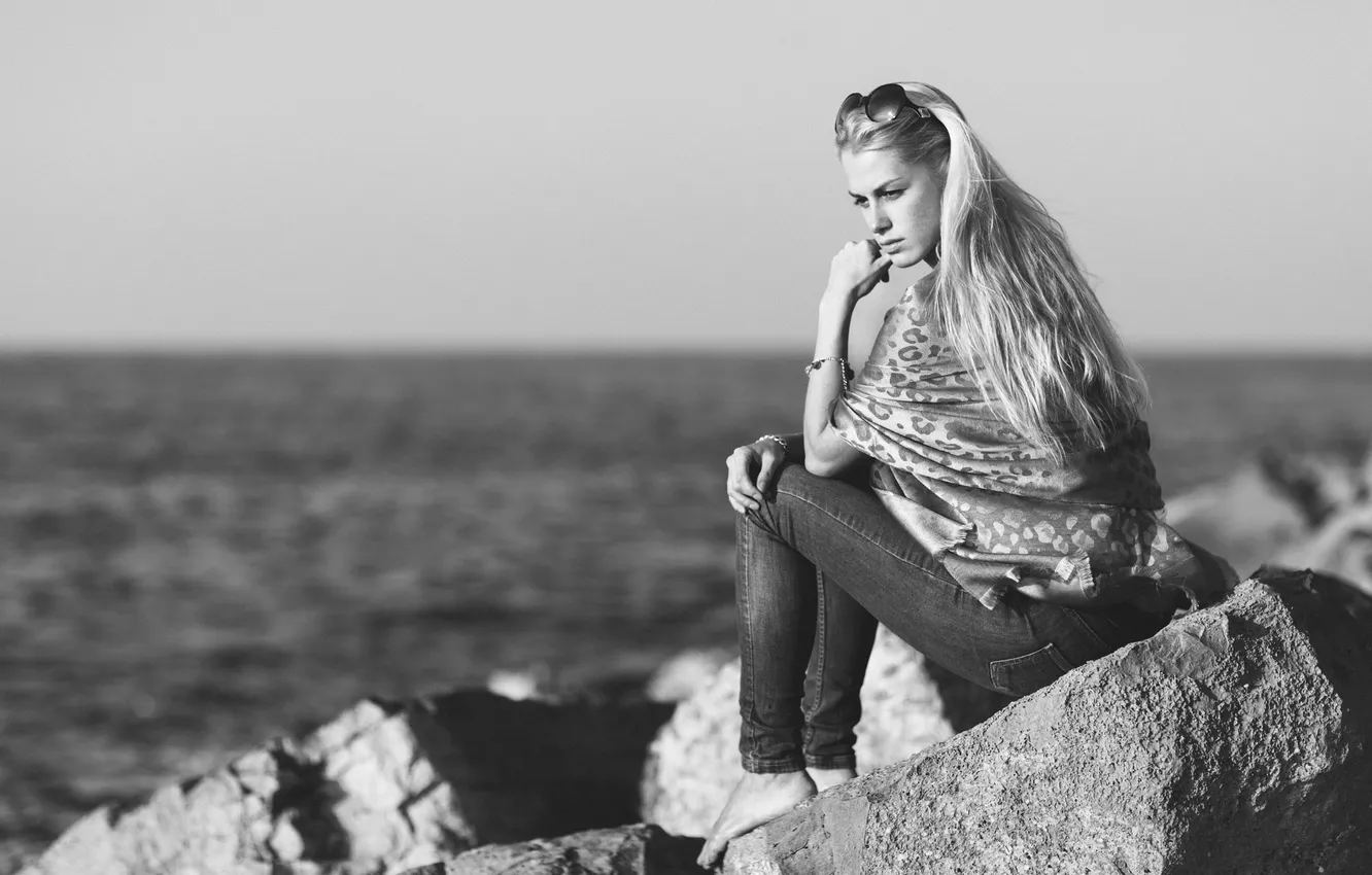 Photo wallpaper girl, pose, stones, sitting