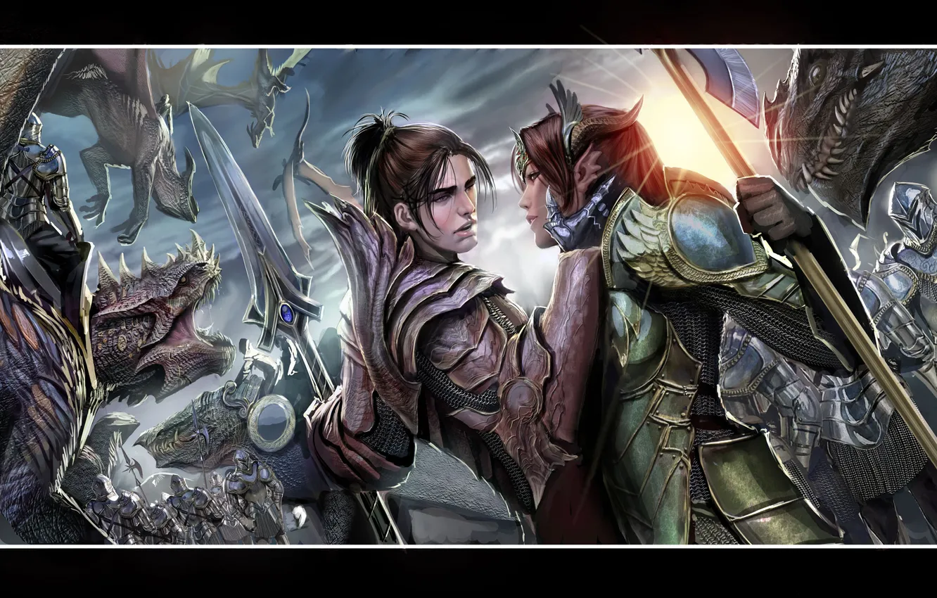 Photo wallpaper girl, dragon, warrior