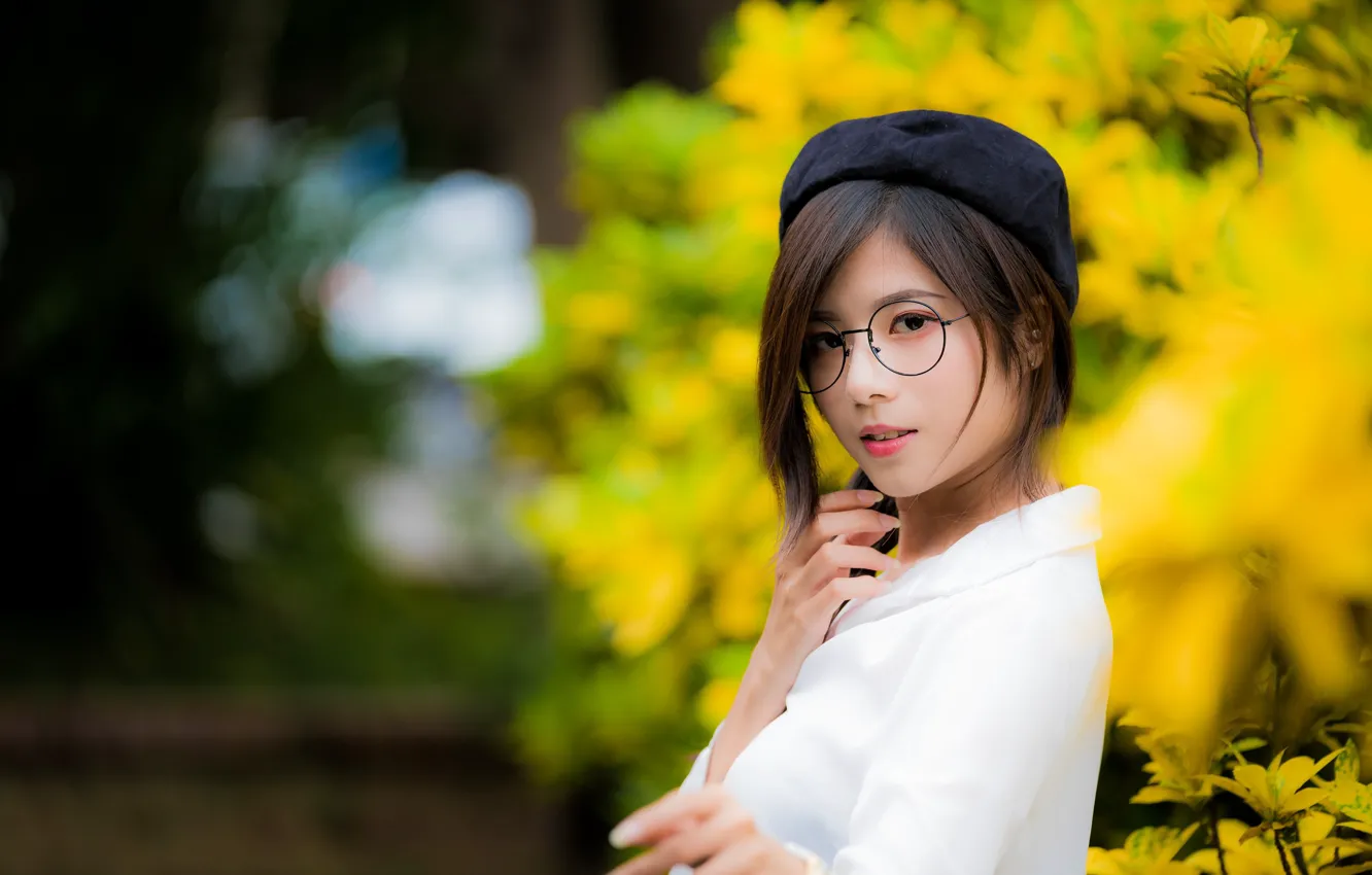 Photo wallpaper beauty, glasses, Asian, gesture, beauty, blurred background, asian, glasses