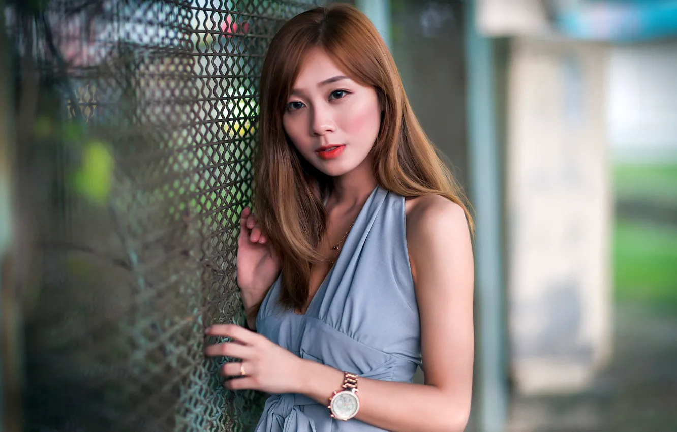 Photo wallpaper look, girl, Asian, bokeh, watch
