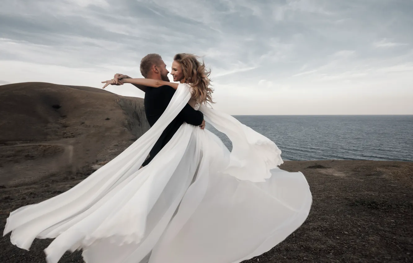 Photo wallpaper sea, white, the sky, girl, clouds, love, joy, happiness
