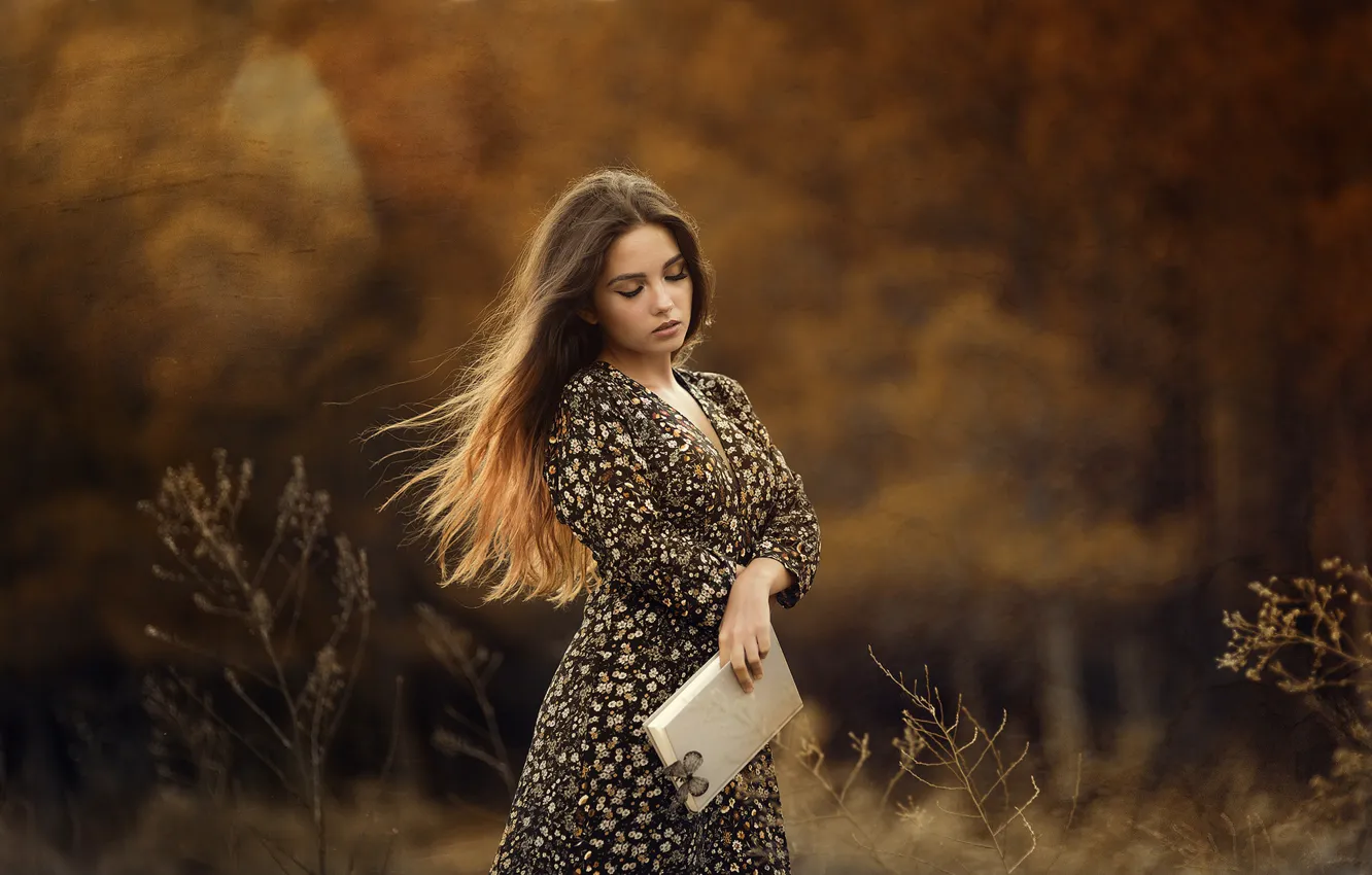 Photo wallpaper autumn, girl, nature, butterfly, dress, book