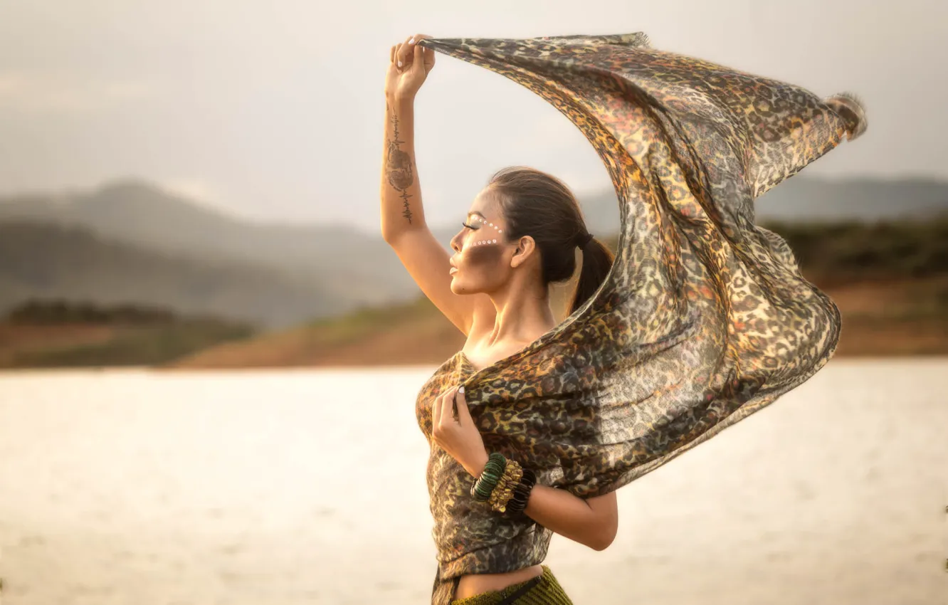 Photo wallpaper girl, mountains, lake, wind