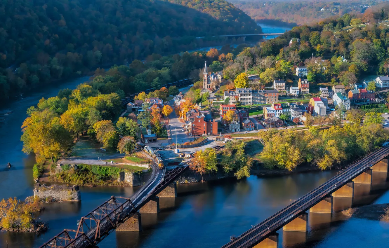 Photo wallpaper autumn, trees, bridge, the city, river, building, home, West Virginia