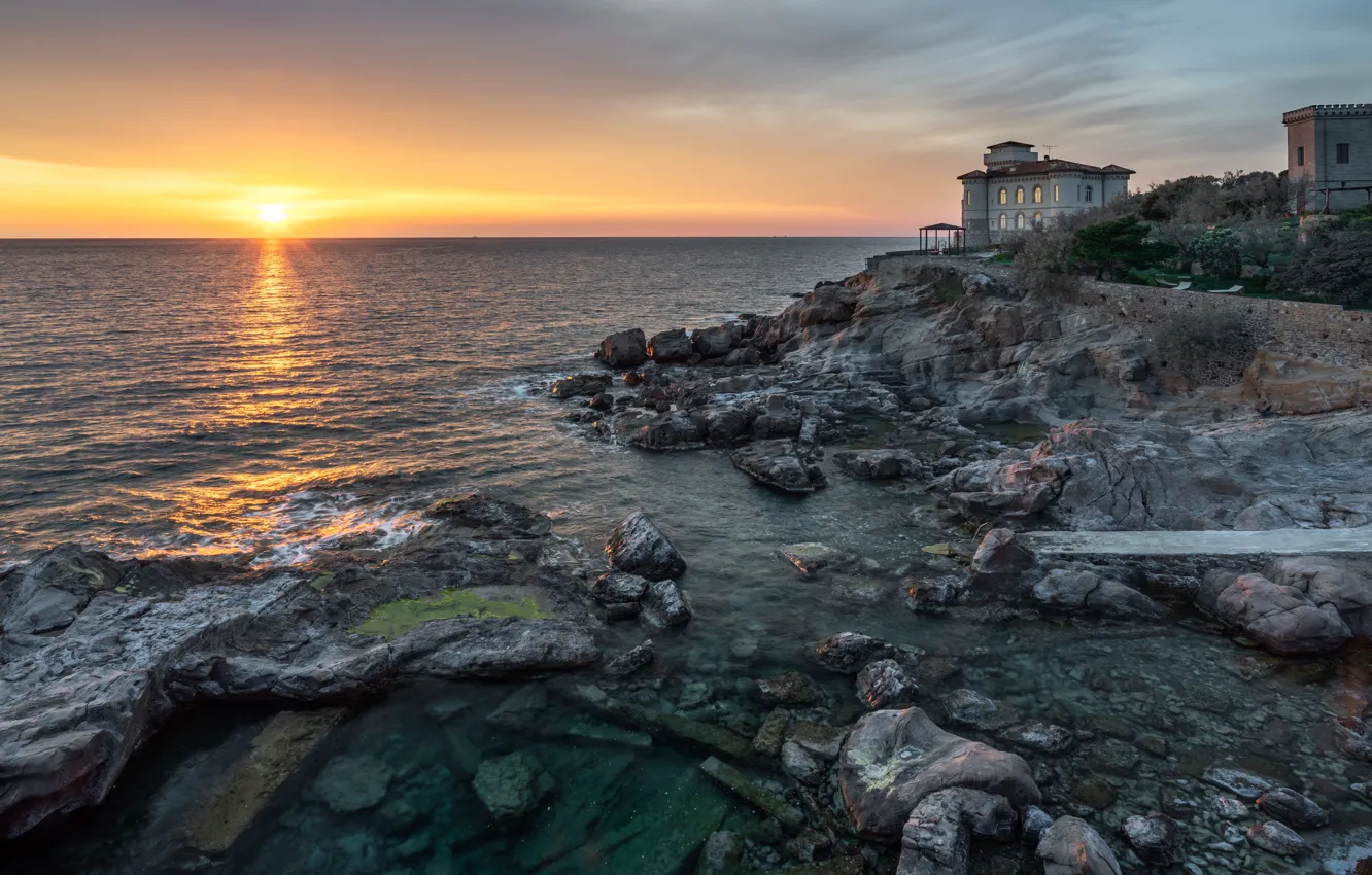 Photo wallpaper sea, the sun, sunset, stones, castle, dawn, shore, Italy