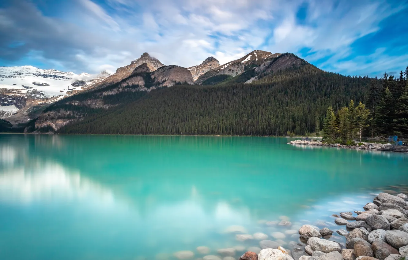 Photo wallpaper forest, trees, mountains, lake, stones, Canada, Banff