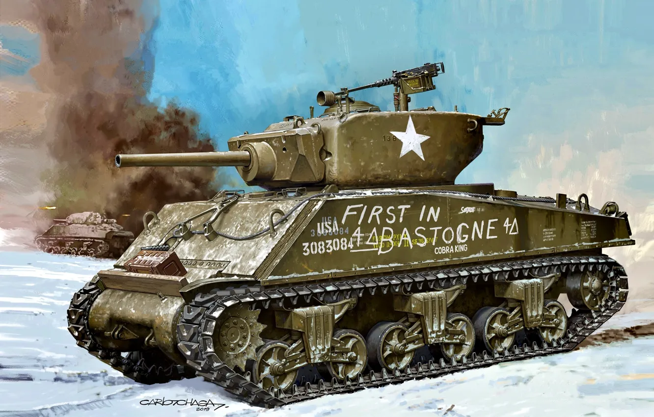 Photo wallpaper US Army, M4 Sherman, M4A3 Sherman, Snow, M4A3E2 Sherman Jumbo
