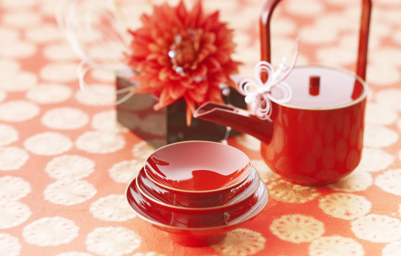 Photo wallpaper flowers, red, tea, mood, China, Japan, coffee, Cup