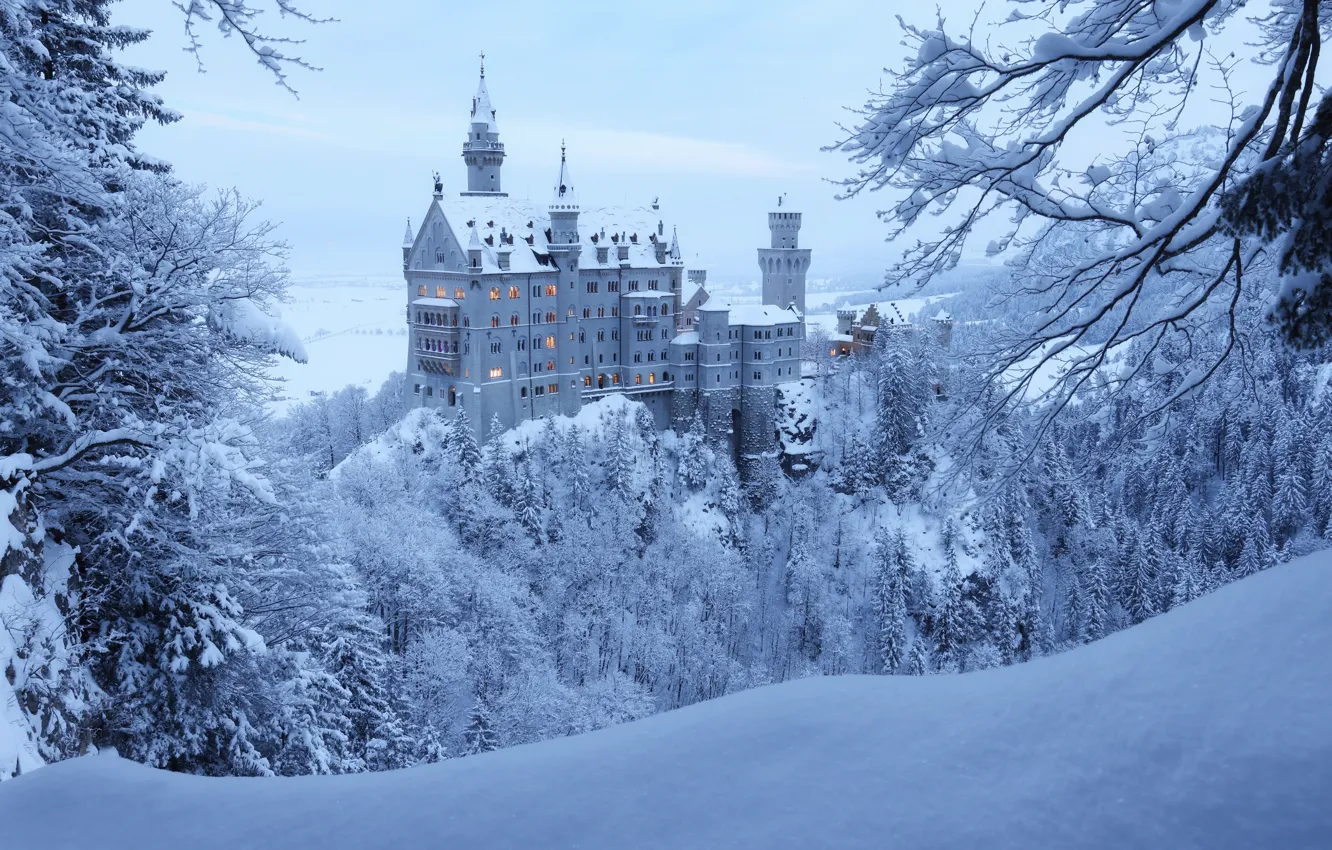 Photo wallpaper winter, forest, snow, trees, castle, Germany, Bayern, Germany