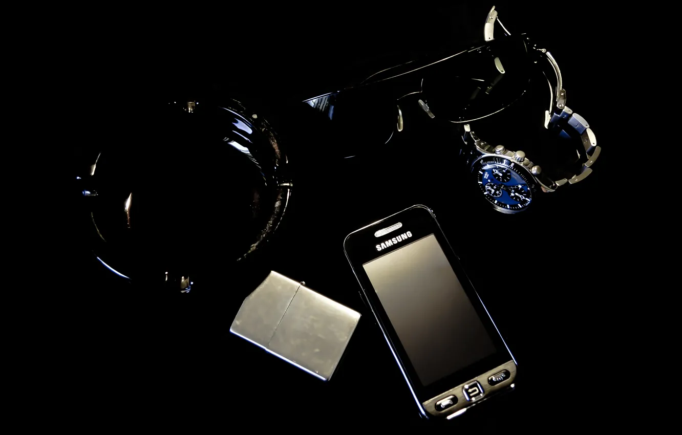 Photo wallpaper watch, Zippo, lighter, glasses, phone, ashtray, Samsung, Swatch