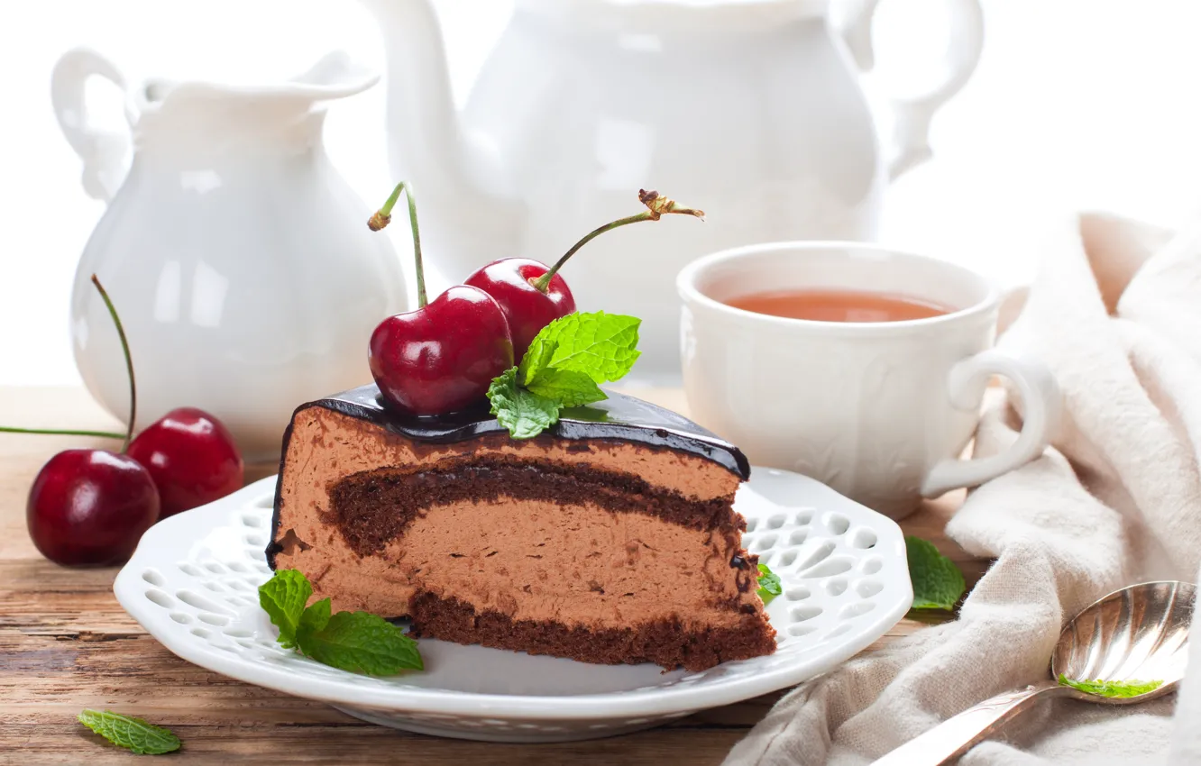 Photo wallpaper cherry, tea, Cup, cake, chocolate, Iryna Melnyk
