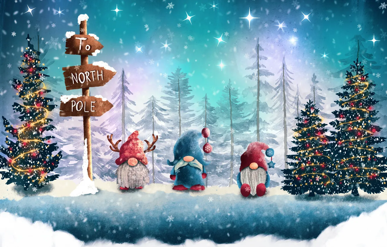 Photo wallpaper winter, forest, stars, snow, snowflakes, night, lights, posts