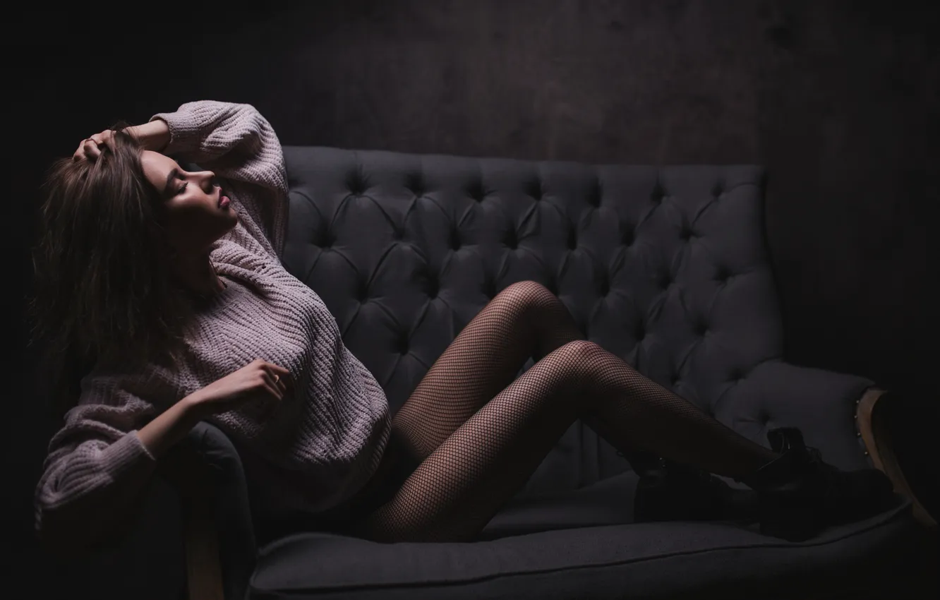 Photo wallpaper girl, pose, shoes, tights, legs, mesh, sweater, Daria Kodaneva