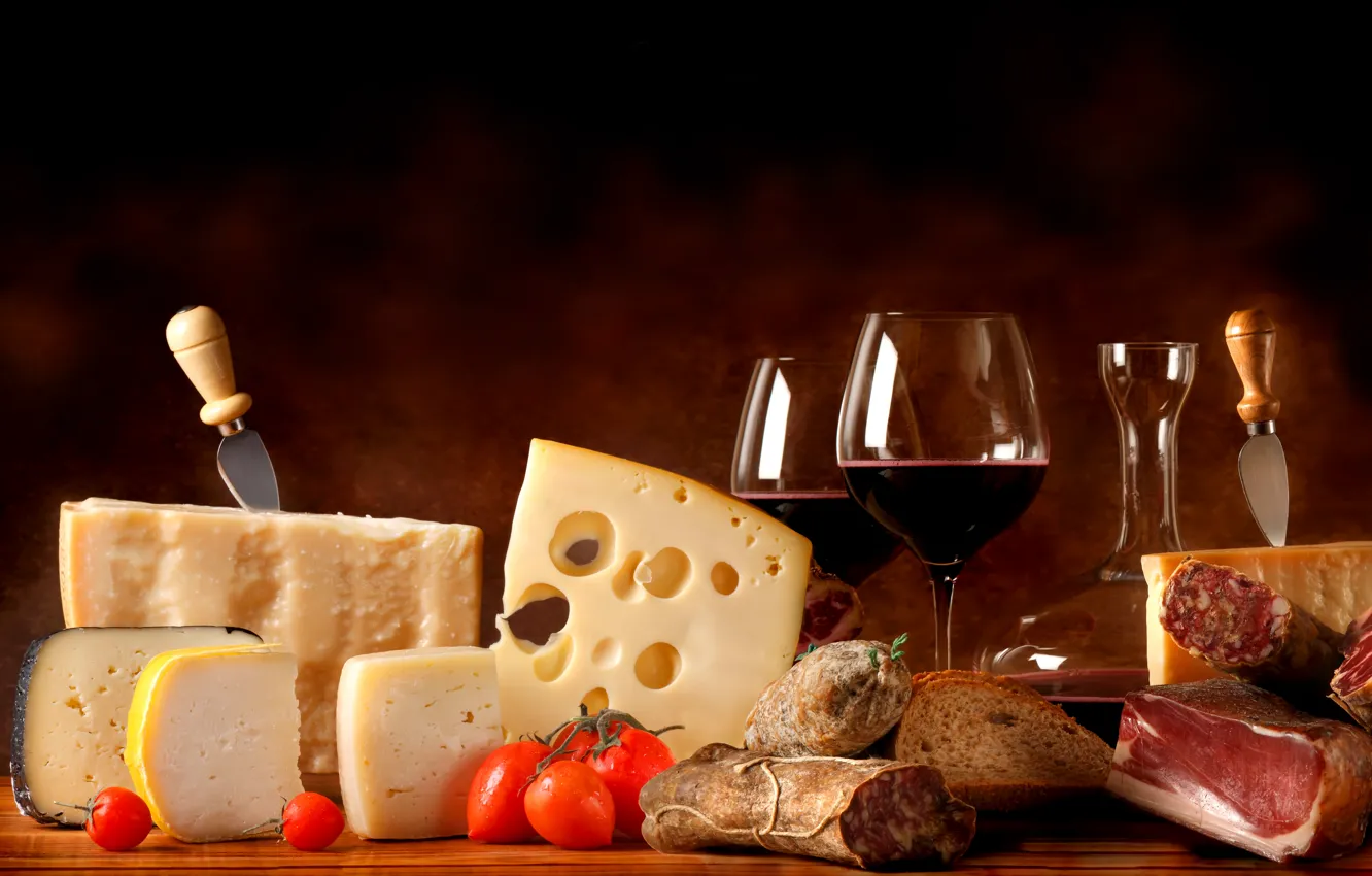 Photo wallpaper wine, cheese, glasses, bread, meat, pitcher, tomatoes