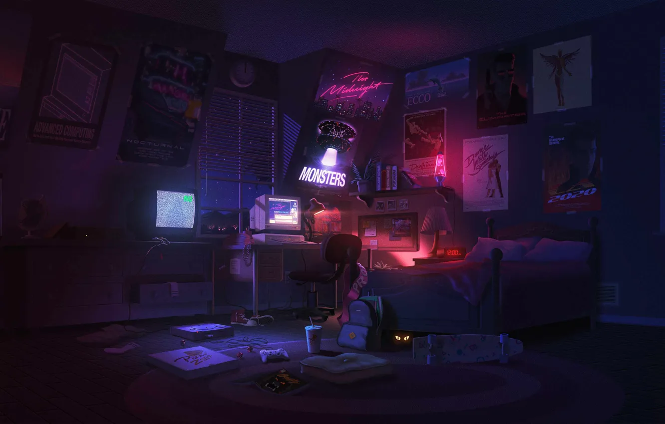 Photo wallpaper windows, electronic, style, computer, night, pizza, chair, band