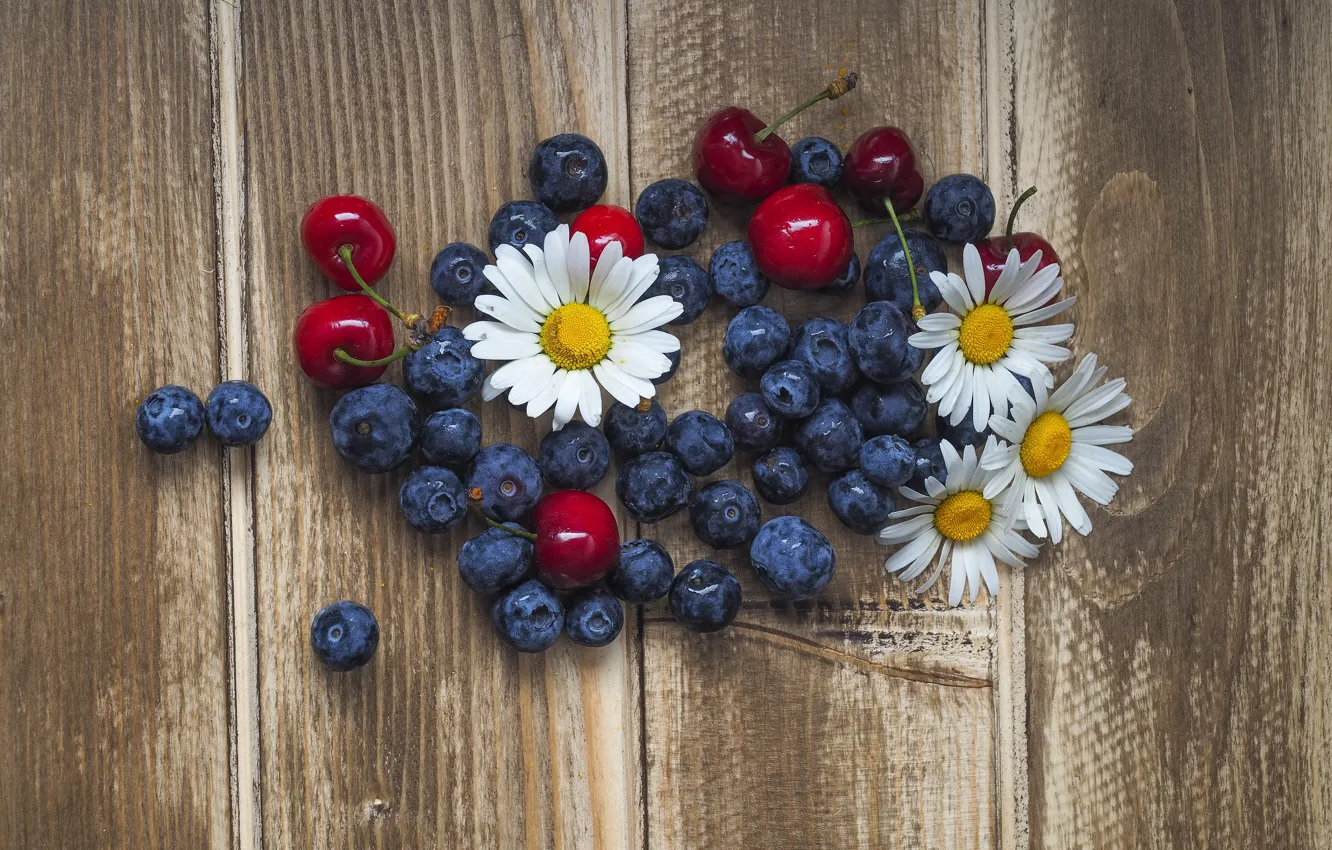 Photo wallpaper chamomile, blueberries, wood, blueberries, cherries, chamomiles