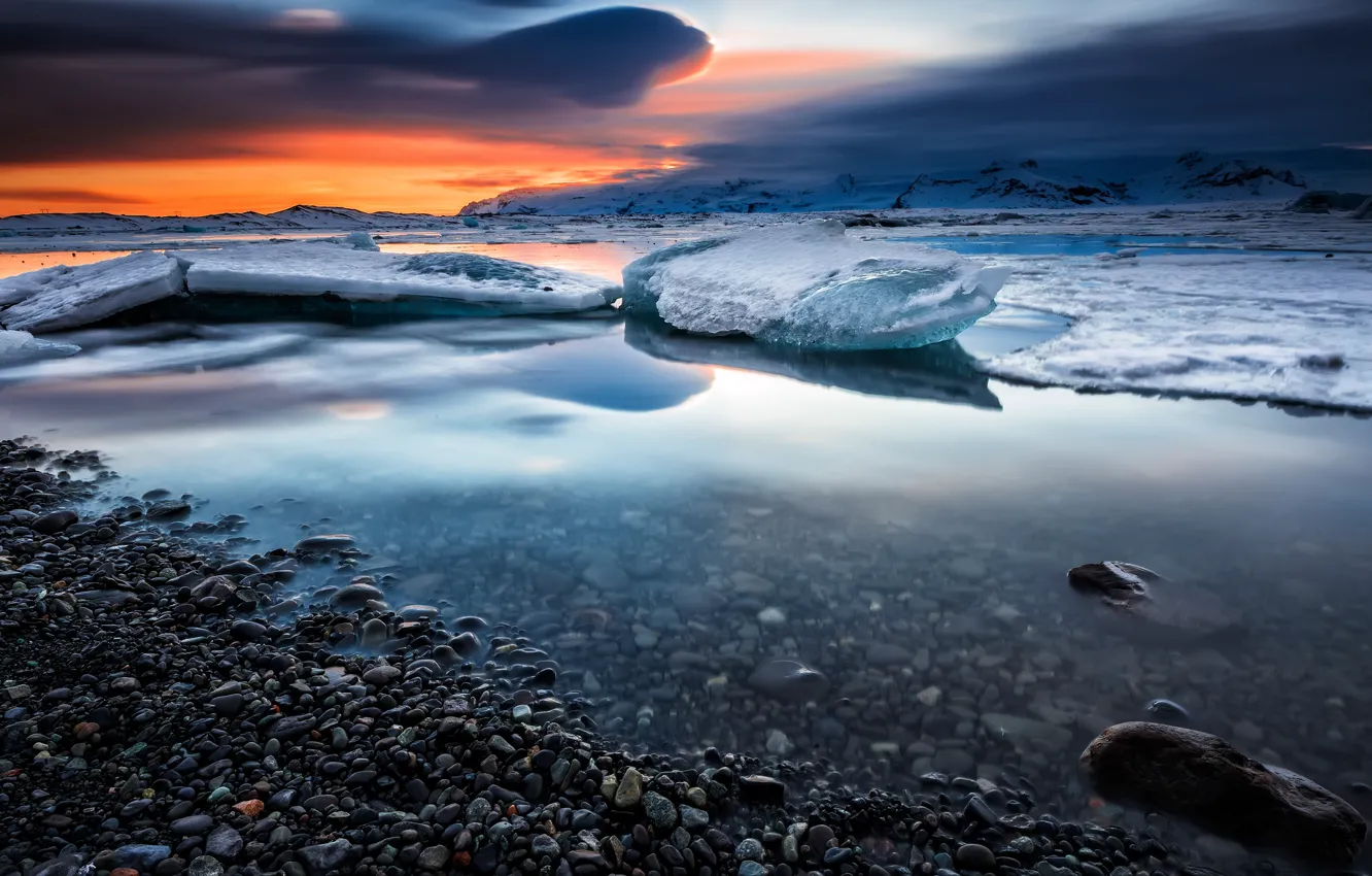 Photo wallpaper ice, winter, the sky, clouds, snow, landscape, sunset, mountains