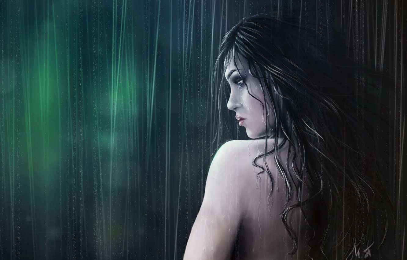 Photo wallpaper girl, face, rain, hair, back, wet, art, profile