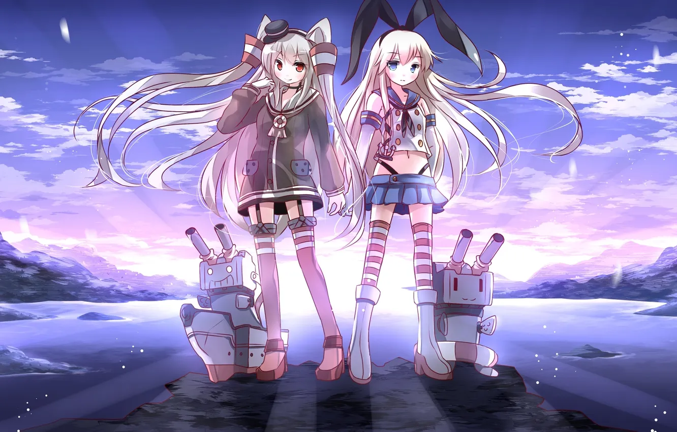 Photo wallpaper sea, look, girl, sunset, smile, robot, art, kantai collection