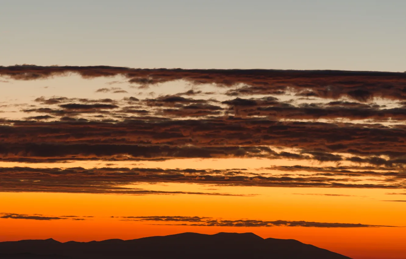 Photo wallpaper clouds, silhouette, hill, twilight, orange sky