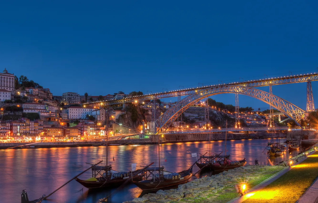 Photo wallpaper bridge, lights, river, boat, home, Portugal, Portugal, Porto