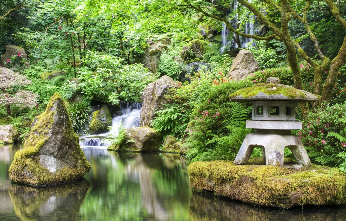 Photo wallpaper trees, landscape, nature, stones, waterfall, house, shrub