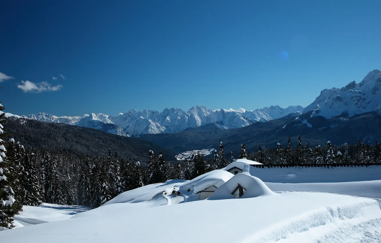 Photo wallpaper snow, landscape, mountains, home