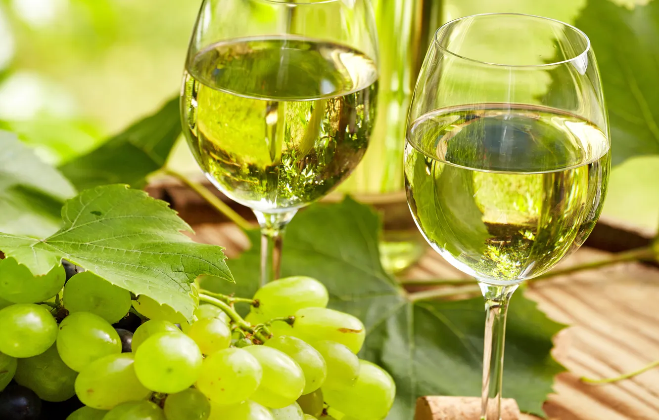 Photo wallpaper leaves, green, wine, glass, bottle, grapes, tube, bokeh