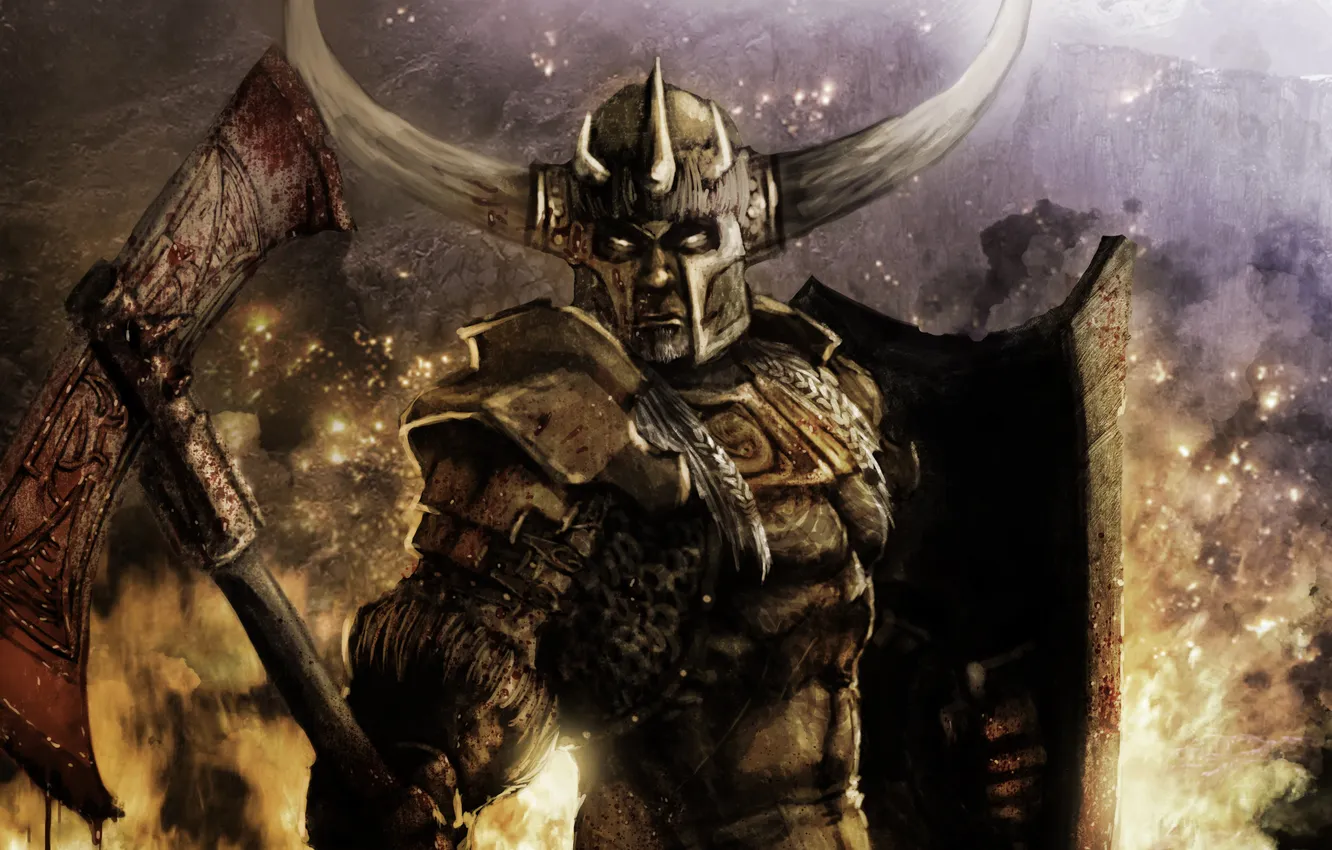 Photo wallpaper lights, fire, blood, armor, warrior, helmet, axe, Horny