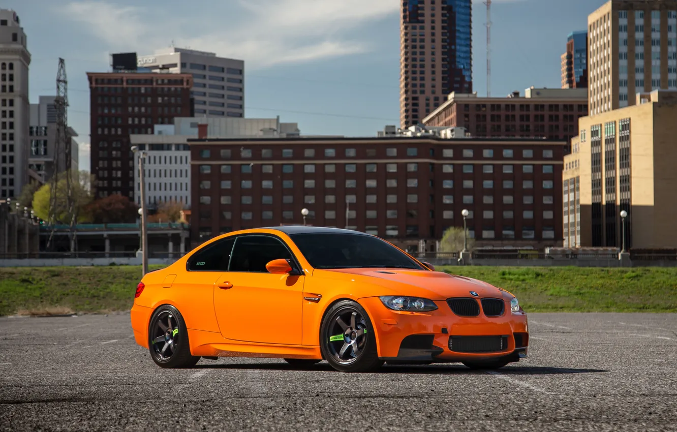 Photo wallpaper BMW, City, Orange, E92, Parking, M3