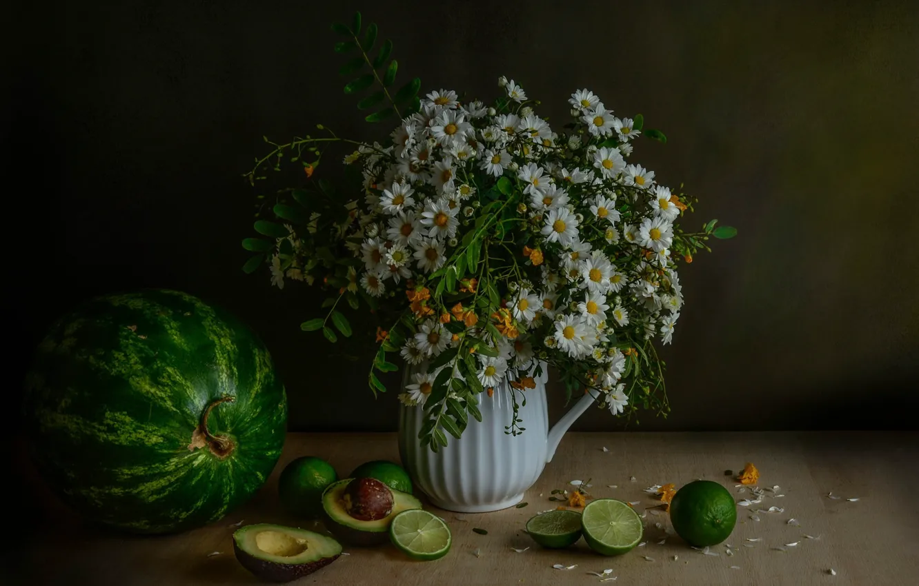 Photo wallpaper chamomile, bouquet, watermelon, lime, avocado
