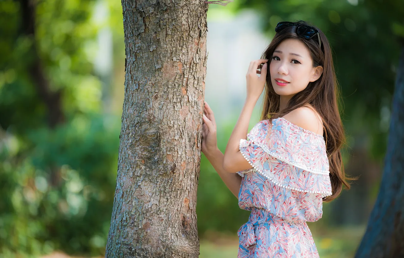 Photo wallpaper girl, tree, Asian, cutie