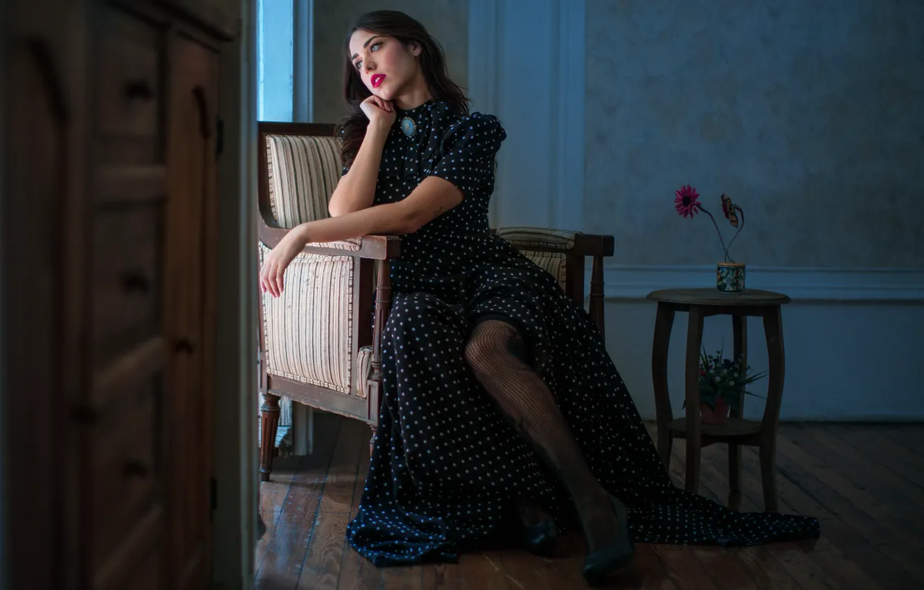 Photo wallpaper girl, flowers, pose, mood, feet, chair, dress