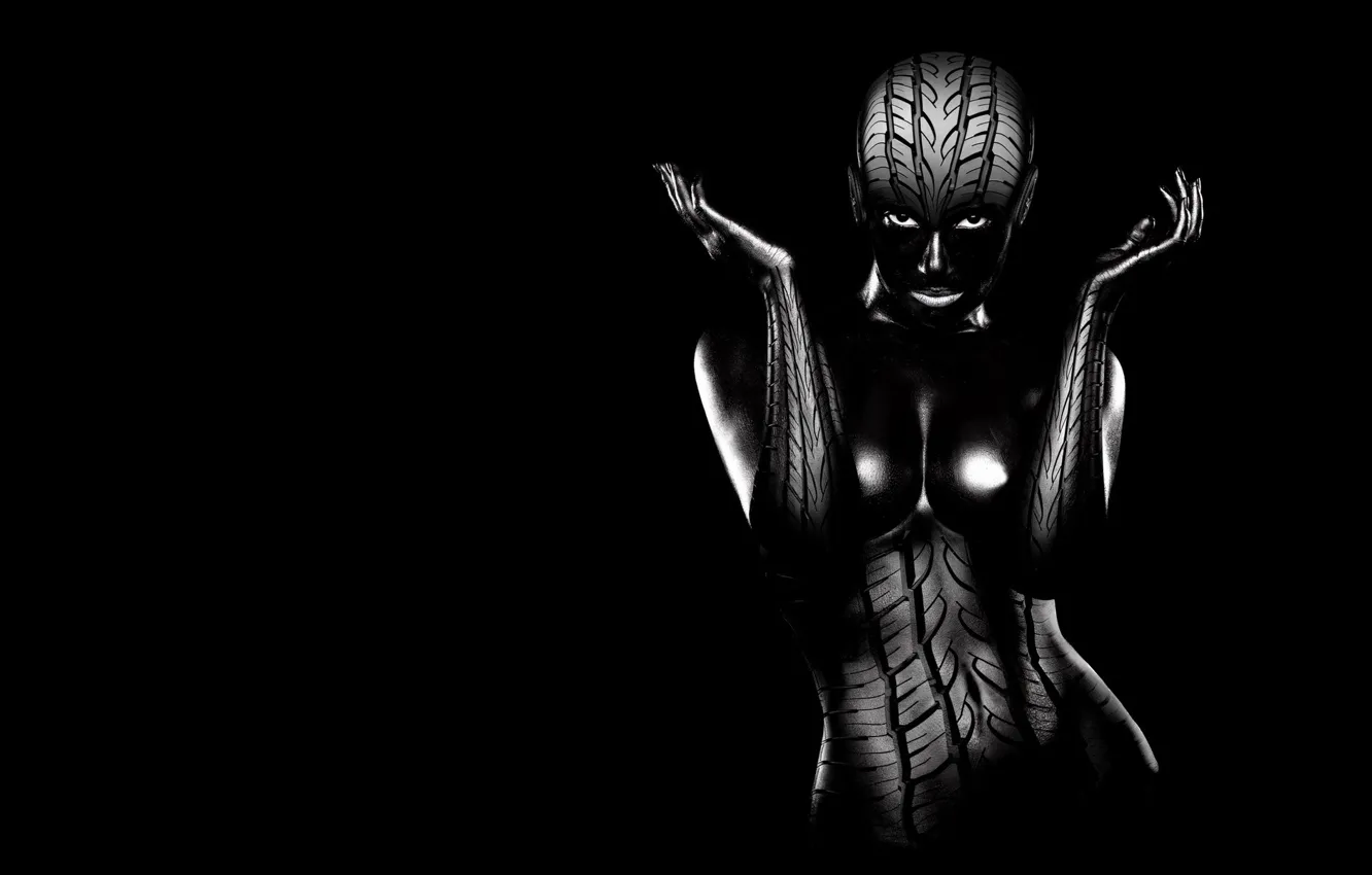 Photo wallpaper look, girl, tires, black background, protector