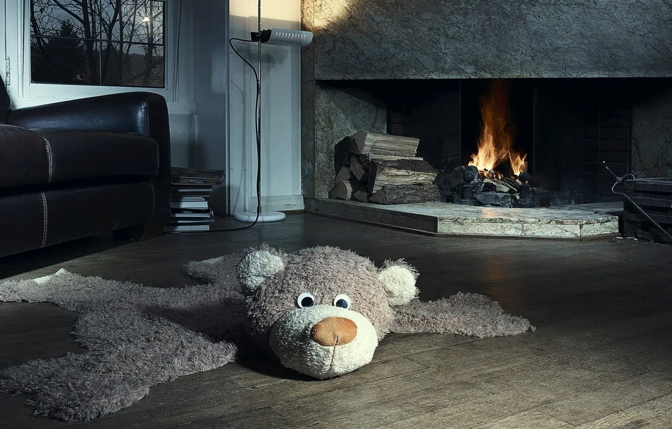 Photo wallpaper house, toy, chair, bear, fireplace, apartment, plush, mansion