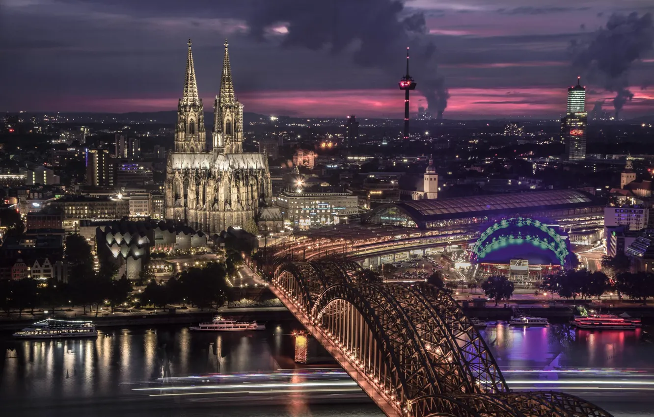 Photo wallpaper night, bridge, the city, lights, Germany, Cathedral, tower, architecture