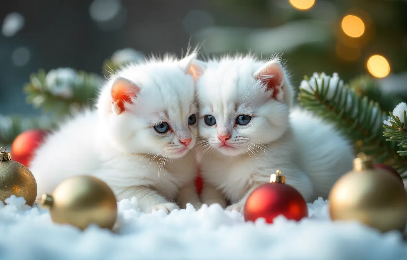 Photo wallpaper winter, look, balls, snow, branches, lights, new year, Christmas