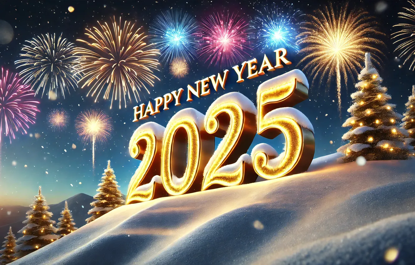 Photo wallpaper winter, forest, snow, night, lights, new year, salute, figures