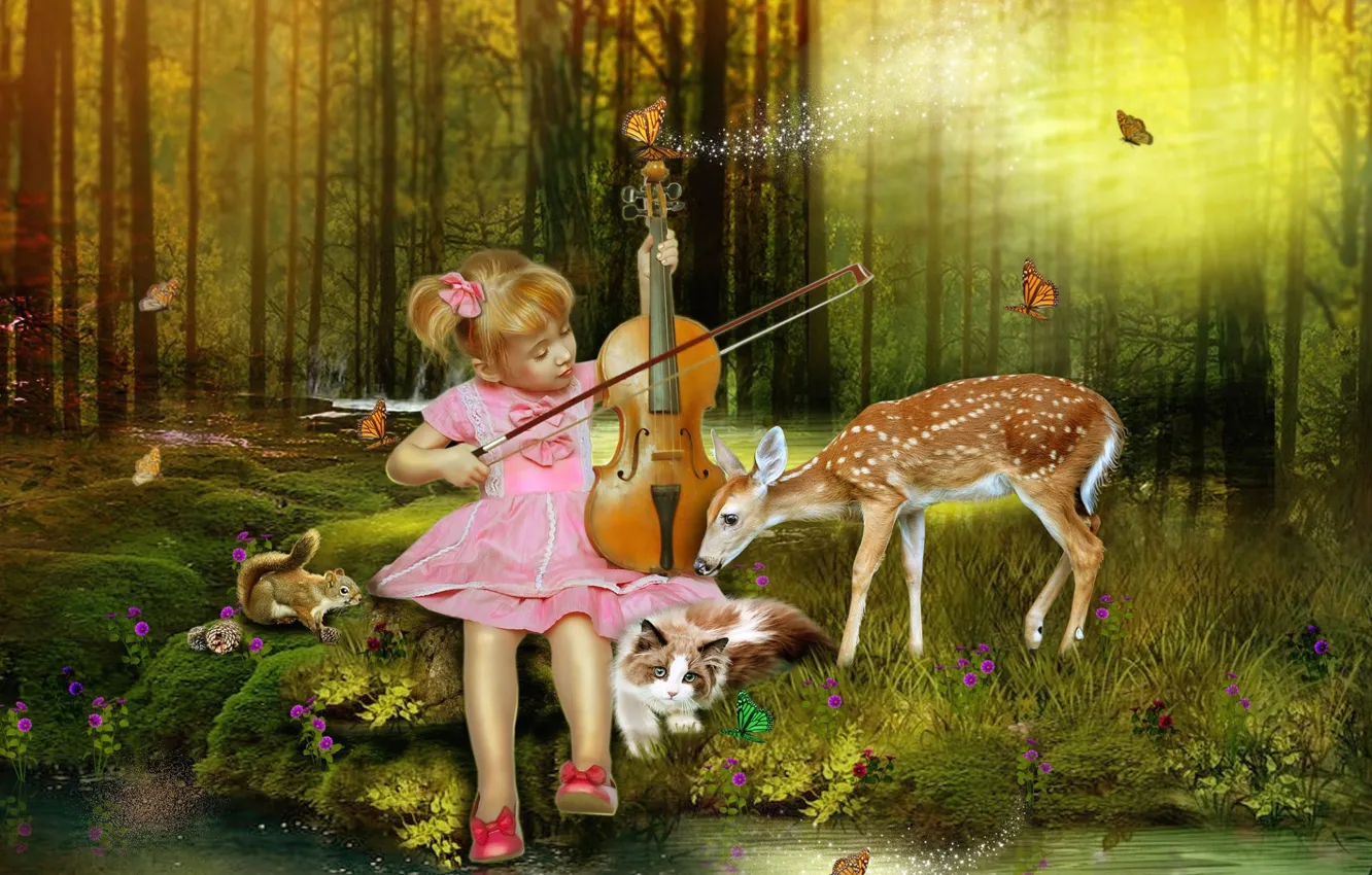 Photo wallpaper forest, animals, girl