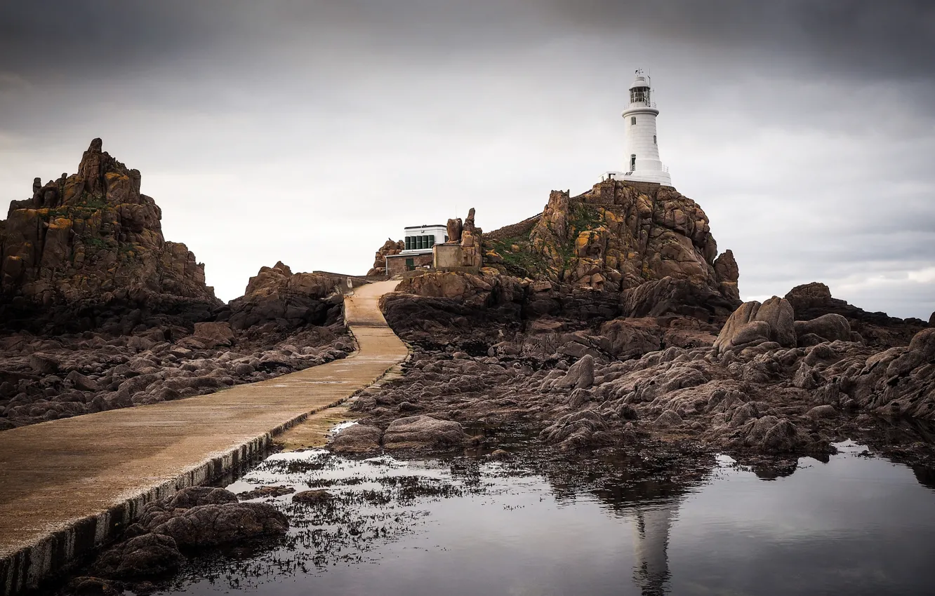 Photo wallpaper the storm, reflection, lighthouse, puddle, rock, gray clouds