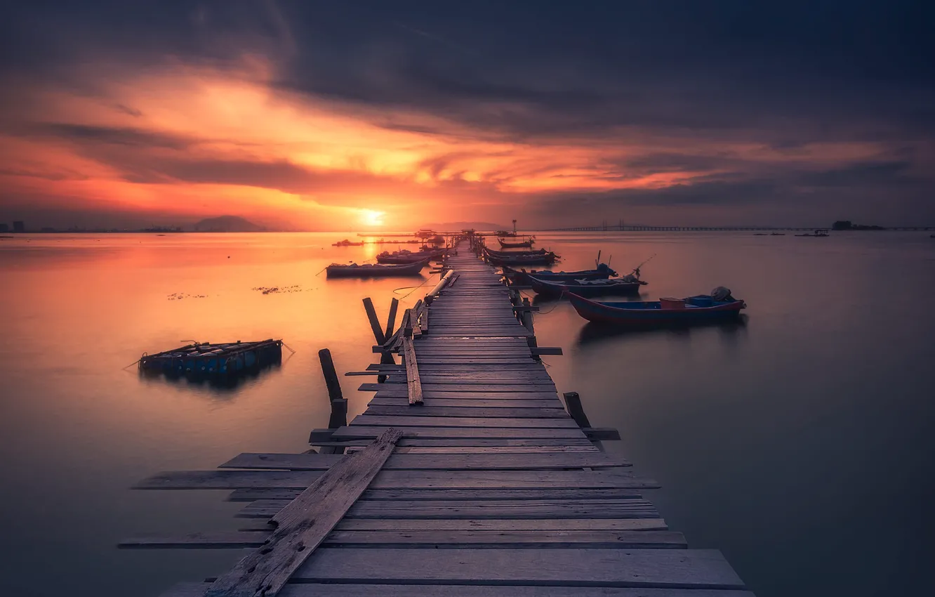 Photo wallpaper the sky, the sun, clouds, light, sunset, lake, boat, Board