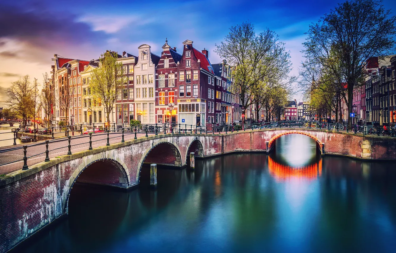 Photo wallpaper trees, the city, lights, home, spring, the evening, Amsterdam, channel