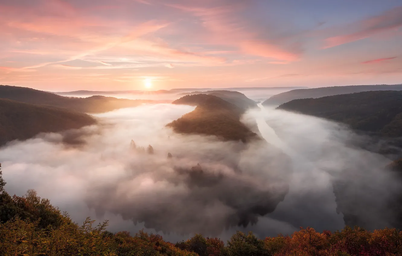 Photo wallpaper fog, river, morning, Germany, Saarland, Nohn