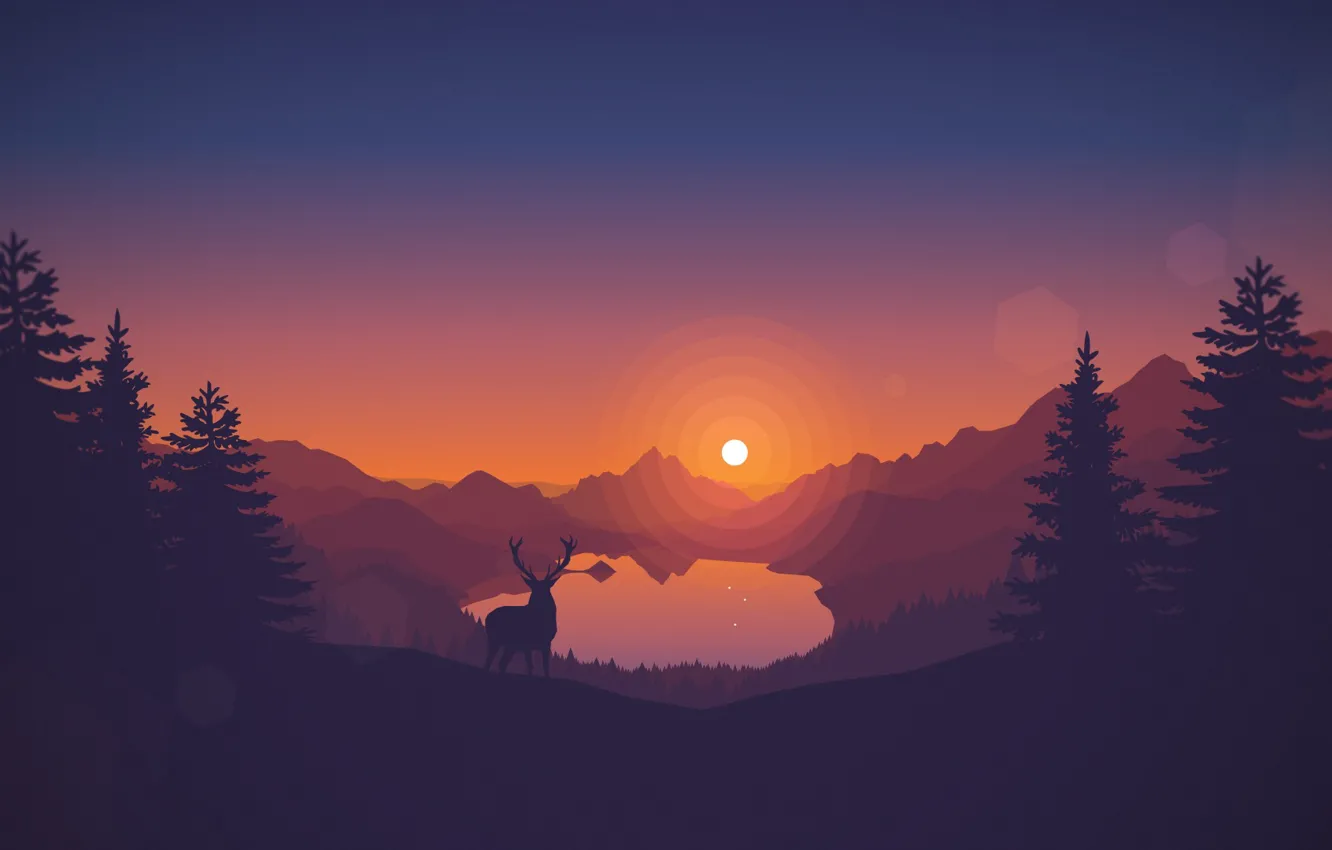Photo wallpaper sunset, mountains, lake, deer